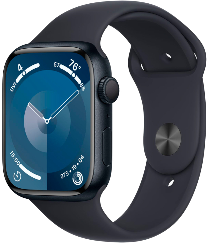 Фото Apple Watch Series 9, 41 мм, корпус из алюминия цвета «Тёмная ночь», спортивный ремешок, размер M/L На фото изображено Apple Watch Series 9, 41 мм, корпус из алюминия цвета «Тёмная ночь», спортивный ремешок, размер M/L