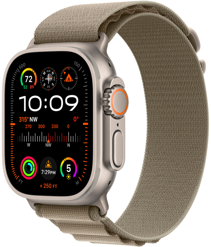 Фото Apple Watch Ultra 2 GPS + Cellular, 49 мм, корпус из титана, ремешок Alpine цвет оливковый, S На фото изображено Apple Watch Ultra 2 GPS + Cellular, 49 мм, корпус из титана, ремешок Alpine цвет оливковый, S