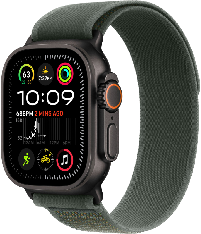 Фото Apple Watch Ultra 2 GPS + Cellular, 49 мм, корпус из черного титана, ремешок Trail зеленого цвета, размер S/M На фото изображено Apple Watch Ultra 2 GPS + Cellular, 49 мм, корпус из черного титана, ремешок Trail зеленого цвета, размер S/M